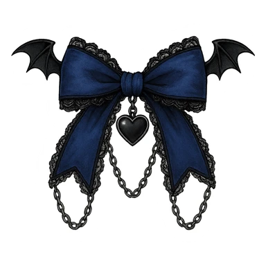 Edit the image to depict a blue gothic bow with black lace trim, a heart charm, bat wings, and silver chains. The background should be removed. Maintain a gothic style with detailed black lace and silver accents. sticker