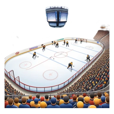 Please, make An icon featuring The background shows a packed stadium with cheering fans, bright arena lights, and an icy rink and close-up shots of key hockey equipment: a hockey stick, puck, and skates. Transparent background highlights the essentials of the game and the thrill of the sport. sticker