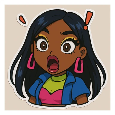 Change her expression to shocked, keep her as a 20-year-old anime Bratz style woman with dark skin, dark hair, bold colorful fashion-forward look, big expressive eyes, and glossy lips. sticker