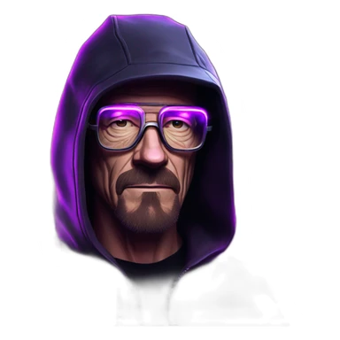 Walter White wearing a black hoodie with "OMG" letters on it and VR headset in a cyberpunk VR environment with violet neon lighting. sticker