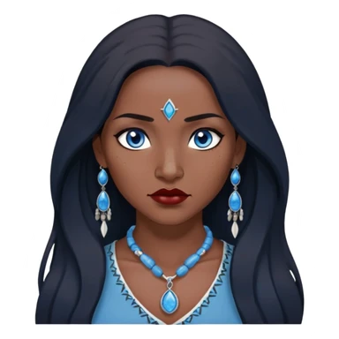 woman katara native american blue eyes dark skin freckles dark black long hair reddish lipstick necklace with sapphire pendant sticker