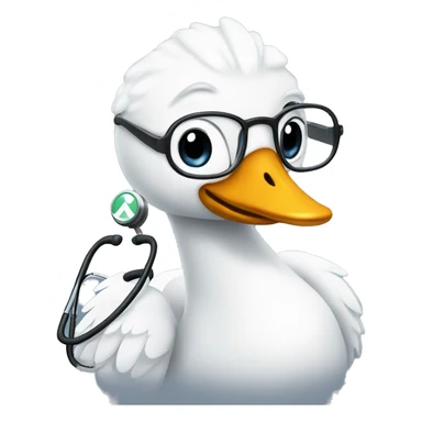 an adult swan with wings dressed as a clinician with glasses and a stethoscope sticker