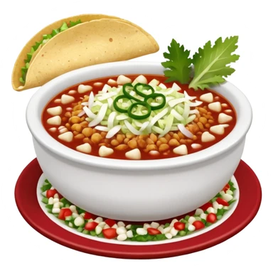 A delicious hot bowl of pozole rojo emoji. Steam rising. Hominy visible. Place the sides next to the bowl: chopped onions, shredded cabbage, lime wedges, red chile de arbol salsa, and full round tostadas sticker