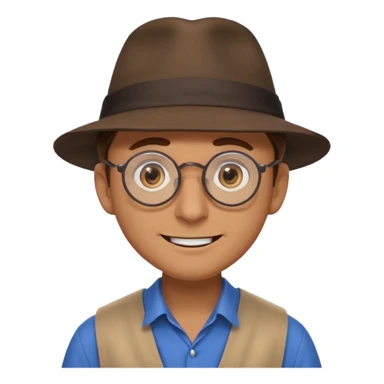 A man with sharp and thin face, brown round glasses, a brown hat and a brown costume with beige chemise (shoulders only), with blue eyes and a large smile on his face and menacing eyes. sticker