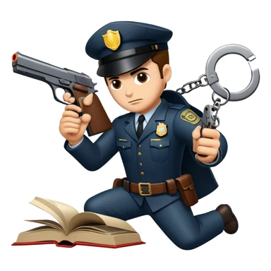 Icon for Action & Crime Reading: an open book with dramatic action scenes, surrounded by a gun, handcuffs, a badge, and a shadowy figure. The icon should evoke suspense, danger, and intrigue of crime and action stories. Transparent background. sticker