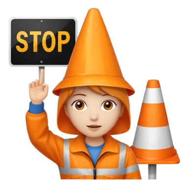orange traffic cone with three legs dancing with sign in his hand saying “stop ai” sticker