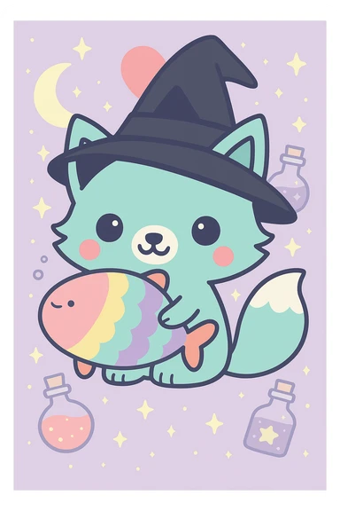 Add a classic black witch hat to the blue fox, keep the magical, witchy background and big pink heart, in kawaii cartoon style. sticker
