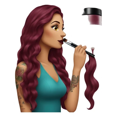 Beautiful tattooed burgundy long haired woman doing her makeup sticker