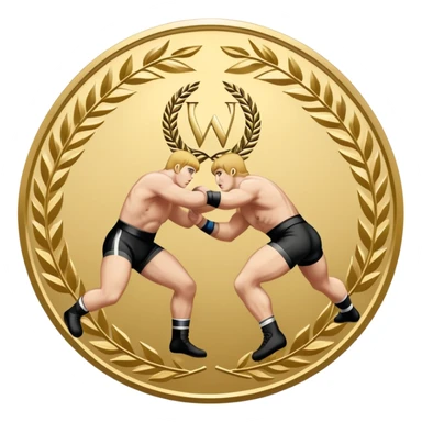 An icon symbolizing wrestling combat sports in the style of an emblem. The design features two wrestlers locked in a powerful grapple, one attempting to take the other down. Surrounding the scene are stylized elements like a championship belt, wrestling mat, and a laurel wreath. Transparent background sticker