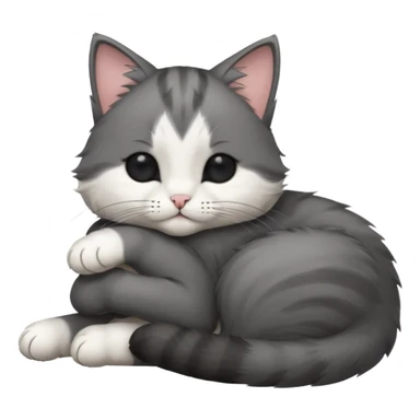 dark grey and white small cat with his eyes closed, leaning his head on his paw while leaning on his elbow lying down sticker
