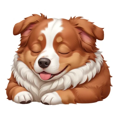 Cinematic Meme-Worthy Chubby Sleeping Red and White Merle Australian Shepherd Portrait Emoji, Head resting peacefully with a contented smile, showcasing a delightfully chubby build and a luxuriously soft red and white merle coat, eyes shut in a serene nap, Simplified yet hilariously adorable features, highly detailed, glowing with a soft, drowsy light, high shine, relaxed and utterly lovable, stylized with an air of playful laziness, bright and heartwarming, soft glowing outline, capturing the essence of a comically sleepy Red and White Merle Australian Shepherd, so meme-worthy it feels like it could instantly become the next viral sensation of adorable slumber! sticker