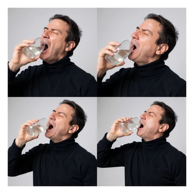 Create 2 vertical photos in 2:3 aspect ratio of a man quickly drinking a liter of water, inspired by the person in the reference image. Each photo should show a different phase of the action. Use a realistic style with a neutral background. sticker