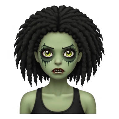a female zombie with sage green skin, black long afro hair, eyelashes and a black tank top sticker