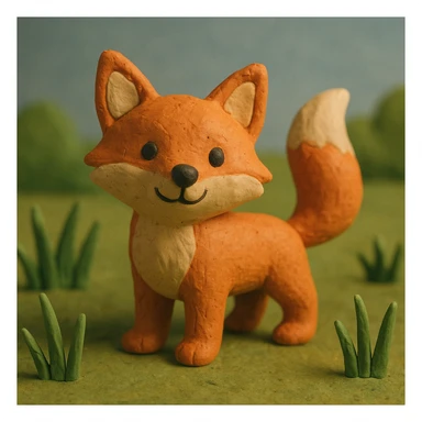 fox with a bushy tail, standing alert, cheerful and cute, in a grassy meadow, claymation style sticker