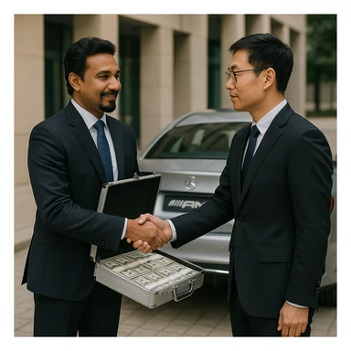 A light-skinned Indian man with a goatee shaking hands with a Chinese man, the Indian man is giving the Chinese man money in a briefcase, and there is an AMG car behind the Indian man. sticker