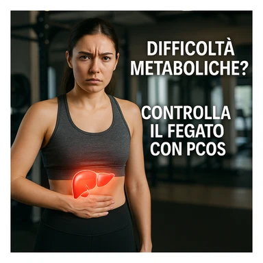 woman in sportswear, hand on liver area, serious expression, liver area highlighted with red light, Italian text: 'Difficoltà metaboliche? Controlla il fegato con PCOS', gym background, 4K quality sticker