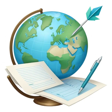 Create an emoji representing language translation. The design should feature a globe in the background, symbolizing international communication. In front of the globe, place two books or sheets of paper with texs on them and a pen nearby to indicate the act of writing. Add two simboloic arrows pointing in opposite directions between the sheets to represent the translation process. Use a clean and professional color palette with blues, greens, and neutral tones. Make the background transparent. sticker