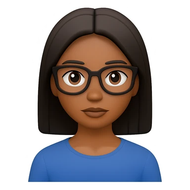 Add glasses to the black woman with straight hair in the emoji style, keeping the background transparent. The original style is emoji, which does not support text editing, so use the general style editor to maintain the emoji look while adding glasses. sticker