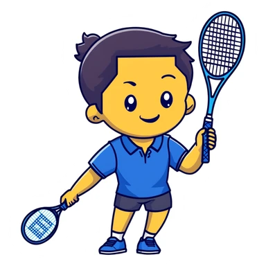 light brown skinned tennis coach, short straight black hair with widow's peak, oval face, small eyes, smiling, holding blue Yonex racket, wearing navy blue dry fit shirt sticker