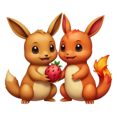 Eevee and Charmander sitting side by side, happily sharing a big fruit together. Both look joyful and friendly, drawn in a playful emoji-like cartoon style. sticker