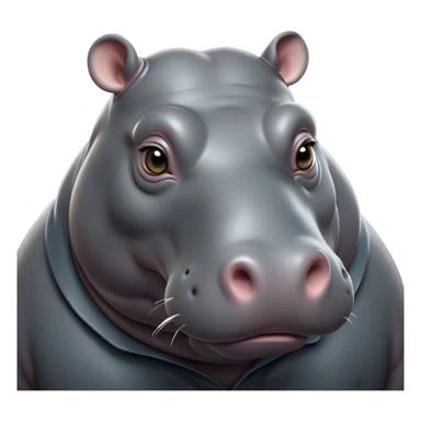 Cinematic Noble Hippo Portrait Emoji, Poised and regal, with a massive, robust build and a smooth, well-groomed slate-gray hide, deep-set soulful eyes, Simplified yet sharp and sophisticated features, highly detailed, glowing with a soft, dignified glow, high shine, intelligent and calm, stylized with an air of riverine majesty, focused and attentive, soft glowing outline, capturing the essence of a watchful and confident water-dweller, so majestic it feels as though it could lumber out of the screen with effortless authority! sticker