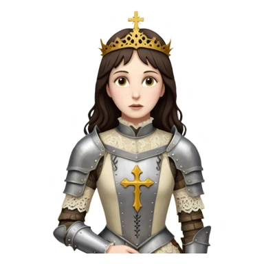 realistic cinematic actress Cher in Victorian lace styling like Joan of Arc dirty damaged armor in a forest sticker