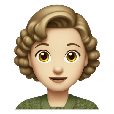 Very young girl with pale skin, straight, warm brown, short hair, a brown 1940s dress with an earthy green cardigan sticker