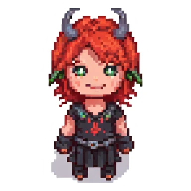 pixel art character with red hair, mischievous smile, small black eyes, red devil horns sticker