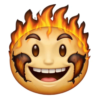 A emoji with half of his face where his left eyes at is burnt with the emoji having a big grin sticker