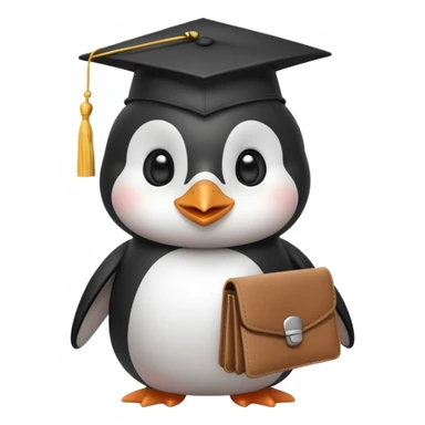 A cute penguin with beautiful eyes, very happy, wearing a graduation cap with the letter 'Ю' on it, holding a wallet. sticker