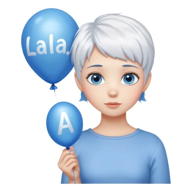 big blue eyes, pixie cut white hair, balloon that says Lala ♥️ you!  sticker