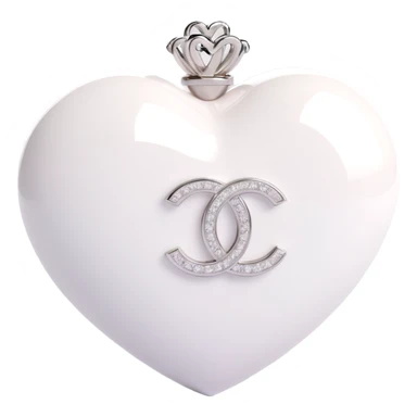 Change the glossy black heart to glossy white, keep the diamond accent and silver Chanel logo, elegant, white and silver color scheme, 3D emoji style, keep the background transparent. sticker