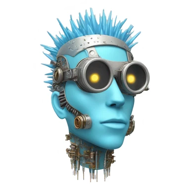 Pastel blue Mohawk cyborg head with silver steampunk goggles and circuits sticker
