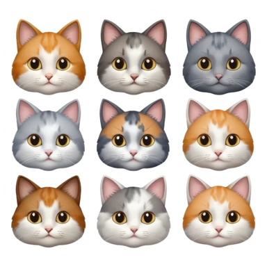 6 realistic looking cats with different natural coloured coats, assorted grey and white, greys, calico, brown and white colours etc
 sticker