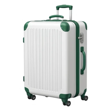 white ribbed suitcase on wheels with handle, dark green corners, handle and wheels, slightly top view, emoji style sticker