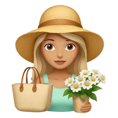 summer beautiful wicker hat next to it lies a beach beige bag and a bouquet of white flowers sticker