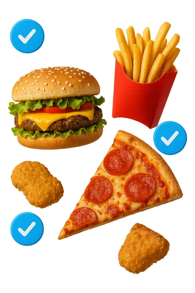 fast food realistico fluttua in aria insieme a spunte di verificato in 3d sticker