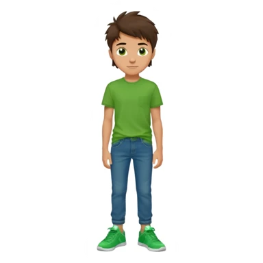 A 14 yerar old teenage boy, tanned, wearing a green t-shirt , blue jeans and green sneakers with dark brown tousled hair, smirking sticker