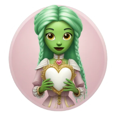 a green amazon alien woman in Victorian white gold, pink hair full body,holdig red big hearth sticker