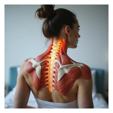 realistic anatomical back view of a woman showing neck and shoulder muscles with evident cervical contractures, clinical environment sticker