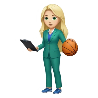 Full Body white plus size female basketball head coach coaching using a clipboard with long blonde hair in a blue and green suit sticker