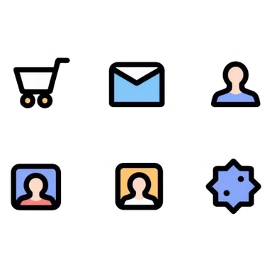 website navigation icons with home, mail, shopping cart, user profile, and settings sticker