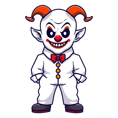 full-body demonic clown in a white leisure suit with bellbottom pants, bald, with black ram horns sticker