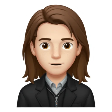 Un chico con pelo largo, que le llegue hasta las cejas, tiene pecas, brackets, ojos cafés oscuros y con una chaqueta negra sticker