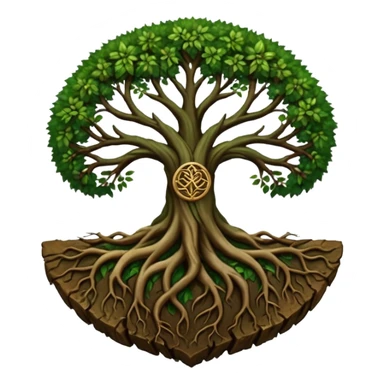 Tree roots forming a sigil shape, earth magic symbolism, deep greens and browns sticker