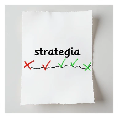 hyperrealistic 4K sheet of paper with the word 'strategia' written on it, a wavy line representing various stages, some marked with red crosses and others with green check marks, photorealistic style sticker