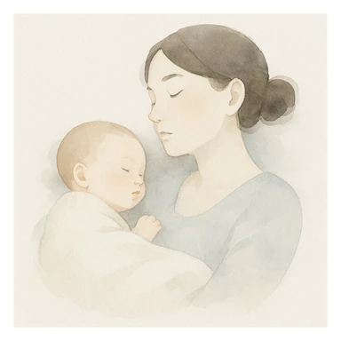 madre y bebé durmiendo juntos, estilo acuarela suave, tonos pastel, atmósfera tranquila y serena sticker