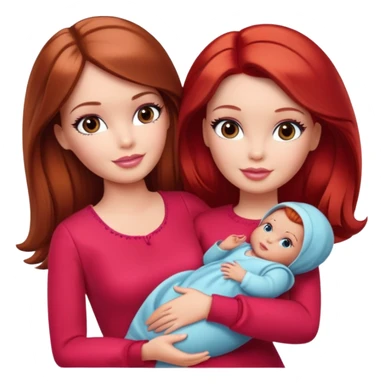 A barbie girl with makeup with brown hair long with a baby, a daughter, a girl with red hair, holding her hand in red clothes sticker