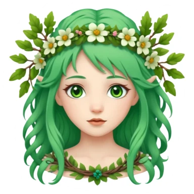 A forest princess with green hair, green eyes, wearing a wreath of flowers and branches sticker
