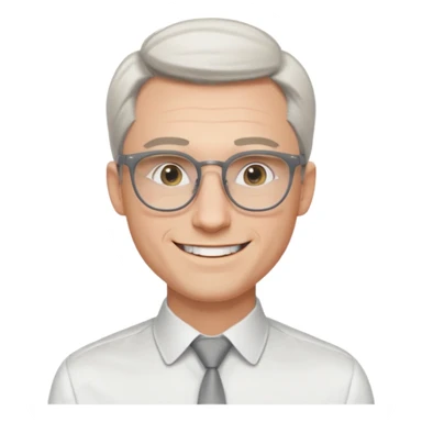 30 yr old pale white man, white/grey side swept stylish hair, round glasses, big smile, white teeth, handsome, longer hair, thin glasses, white dress shirt, smooth forehead, botox, no tie, open collar sticker